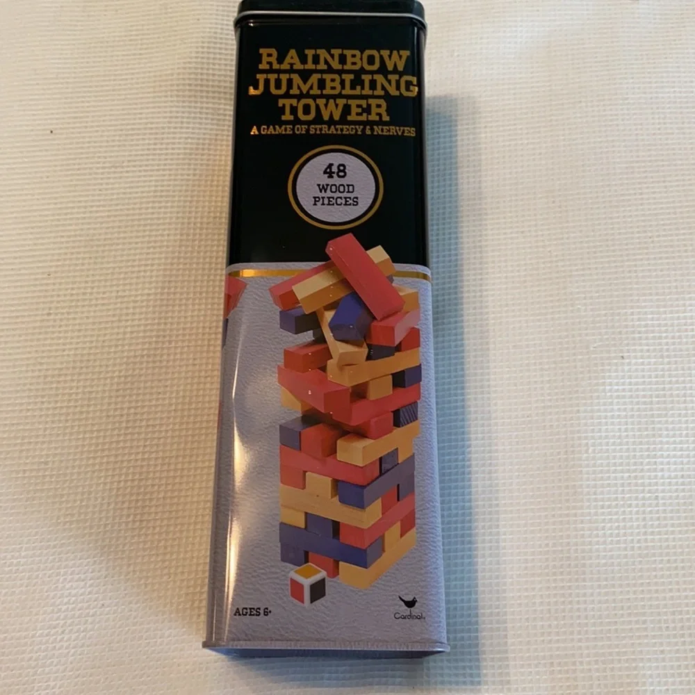 Rainbow Jumbling Tower a game of Strategy Tin box 48 Pieces Ages 6+